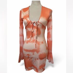NWT-Micas Orange Tie Dye V-neck Tie Front Bell Sleeve Mini Dress